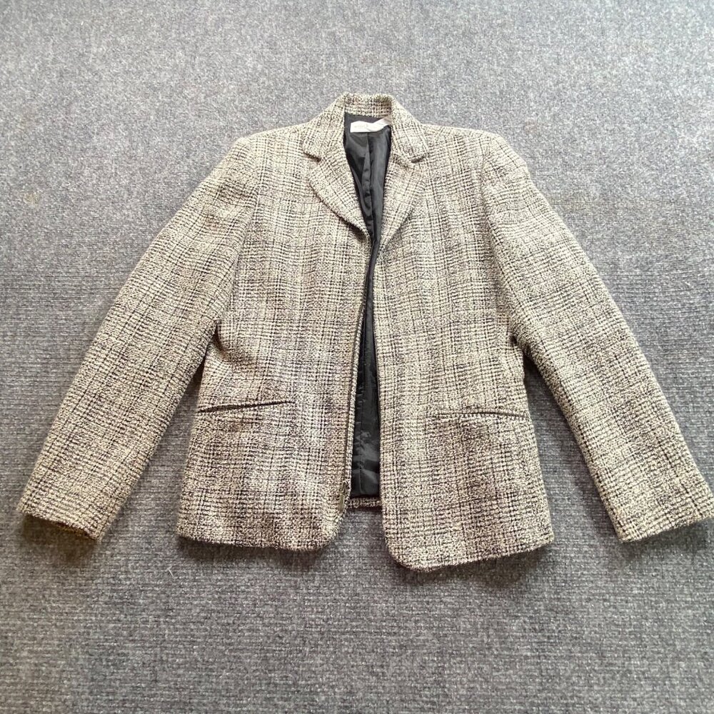 Villager Liz Claiborne Blazer Women's 10 Gray Black Tweed  Zip Up Jacket Office‎